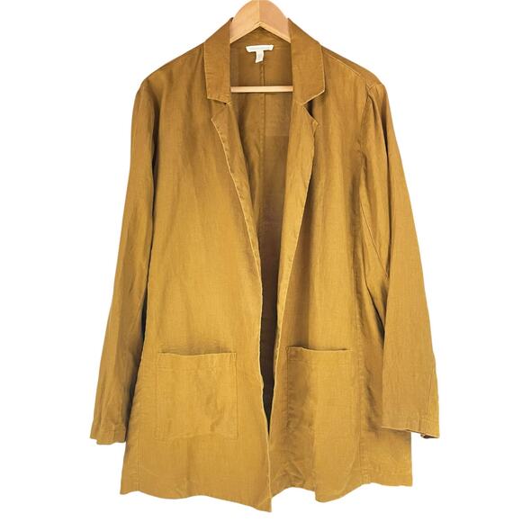 EILEEN FISHER 100% Organic Linen Notch Long Blazer Brown Ochre Jacket Size L - Picture 1 of 9